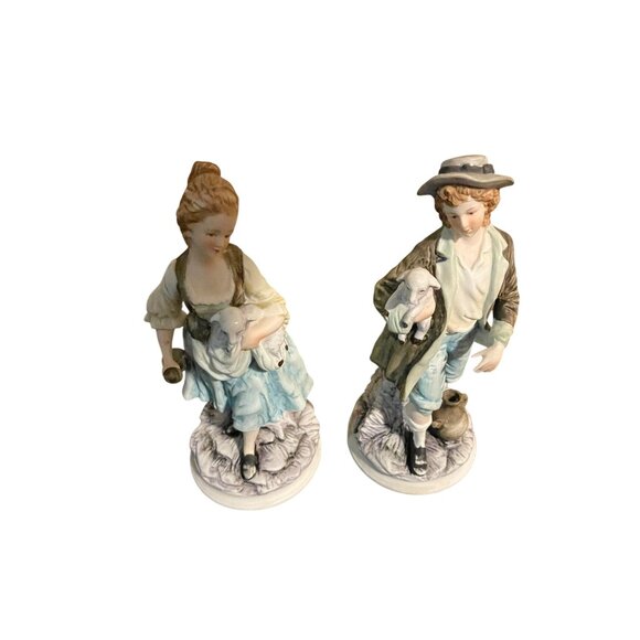 Ethan Allen Porcelain Figurine Set Shepherd & Shepherdess With Lambs Japan - Picture 1 of 12